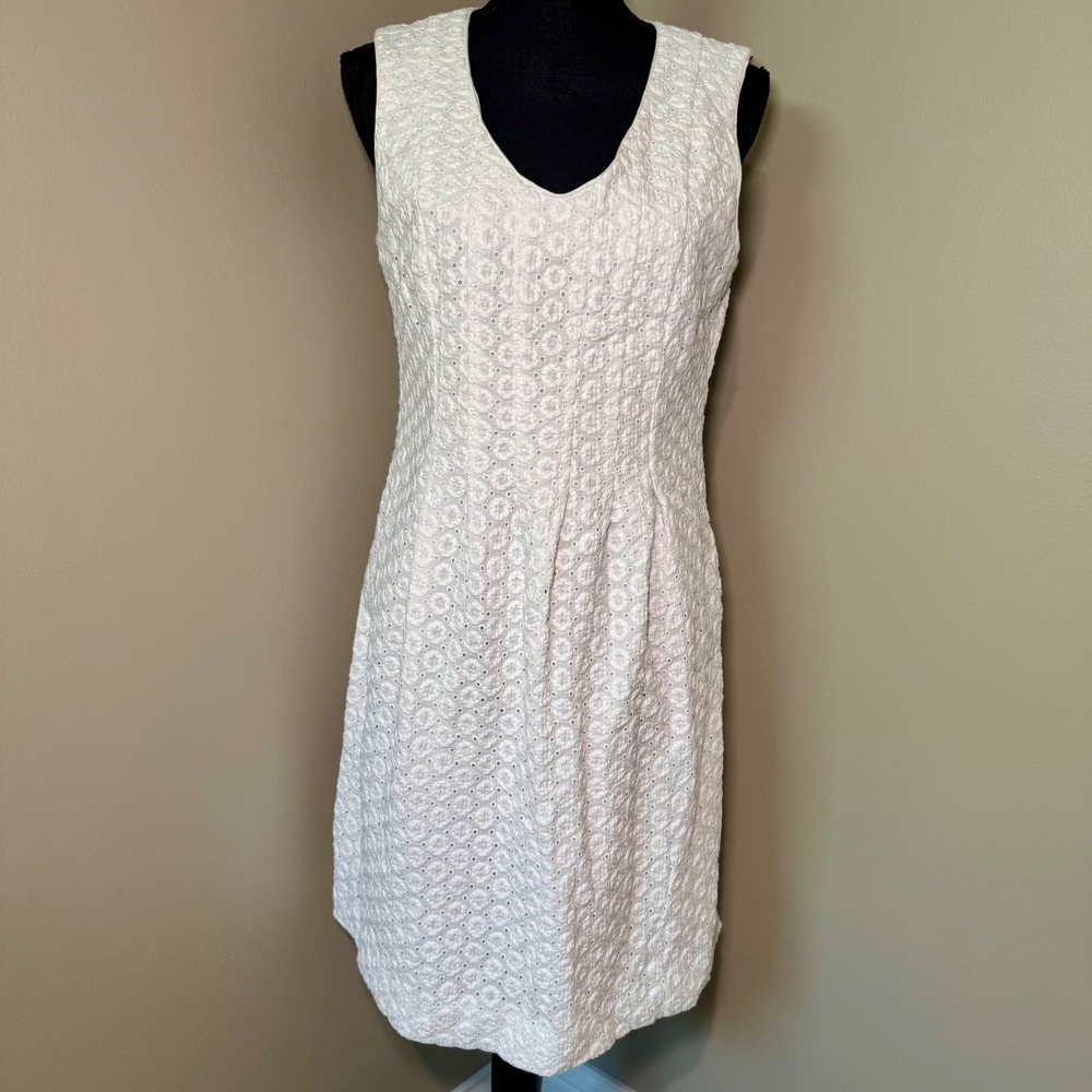 Pendleton Womens White Cotton Eyelet Lace Sleeveless V-Neck‎ Shift Dress Size 10
